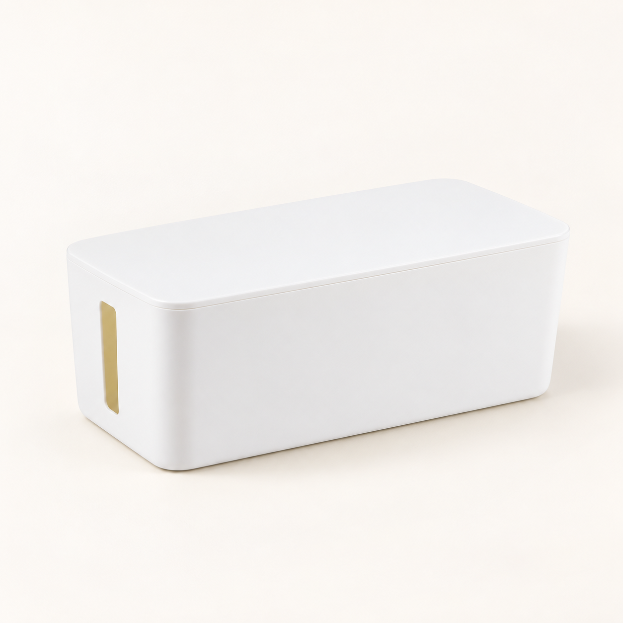 Retouched product reference of the white cable storage box with fitted lid