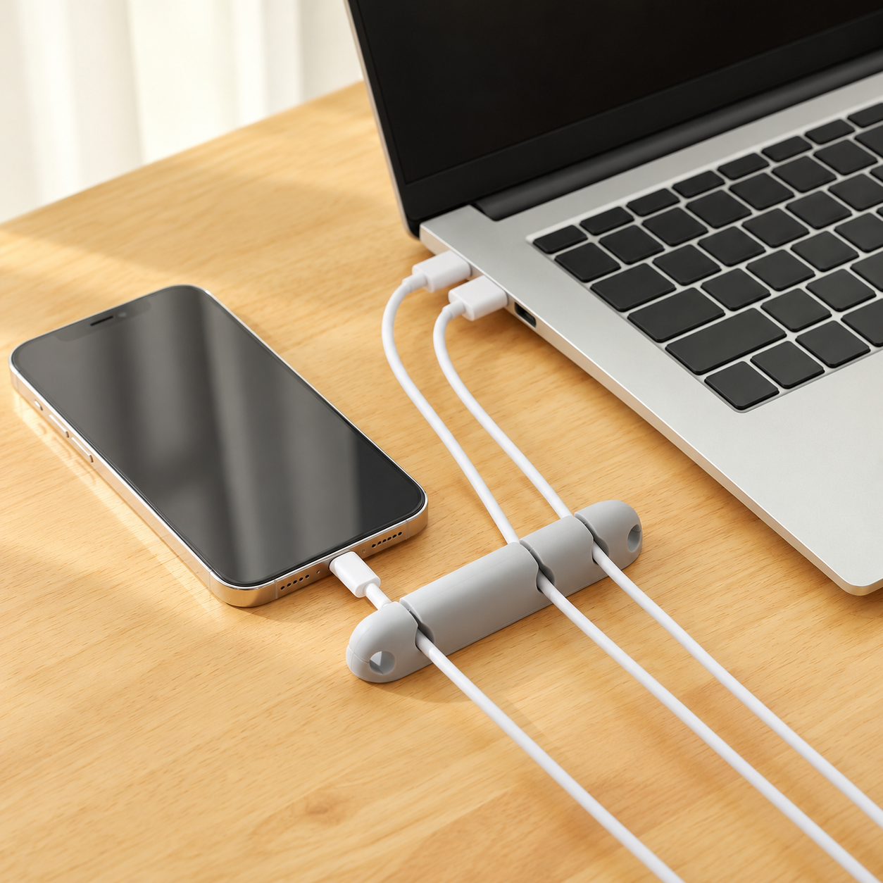 Retouched desktop scene showing the medium gray cable holder routing white cables