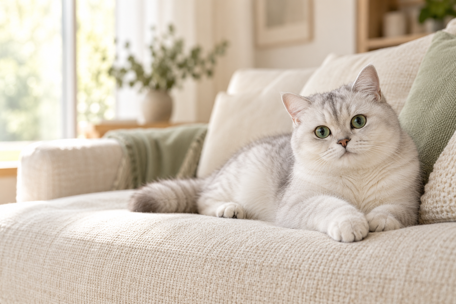 An illustrative quiet moment with a cat on a soft sofa