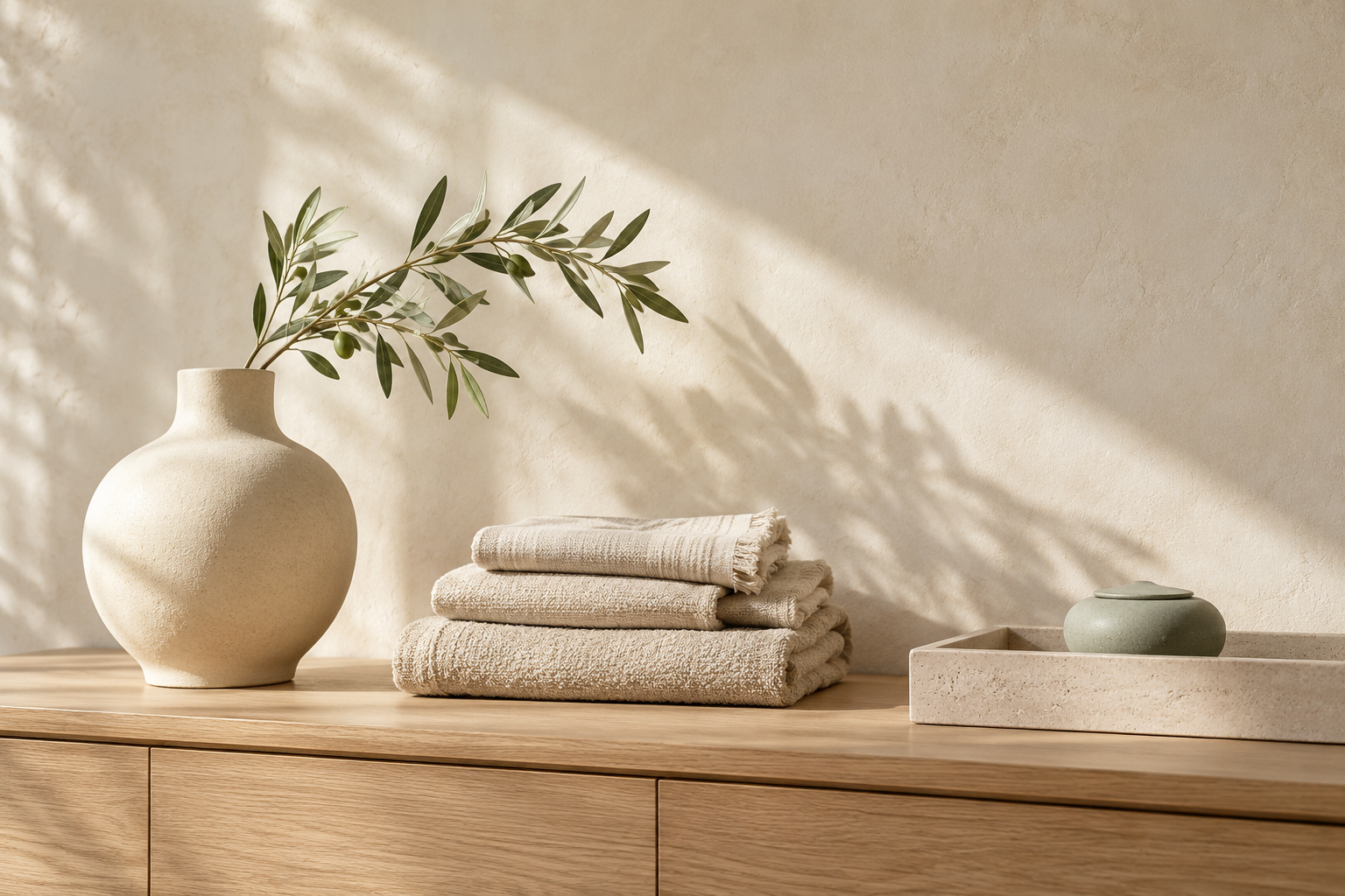An illustrative sunlit home with natural linen and sculptural everyday objects