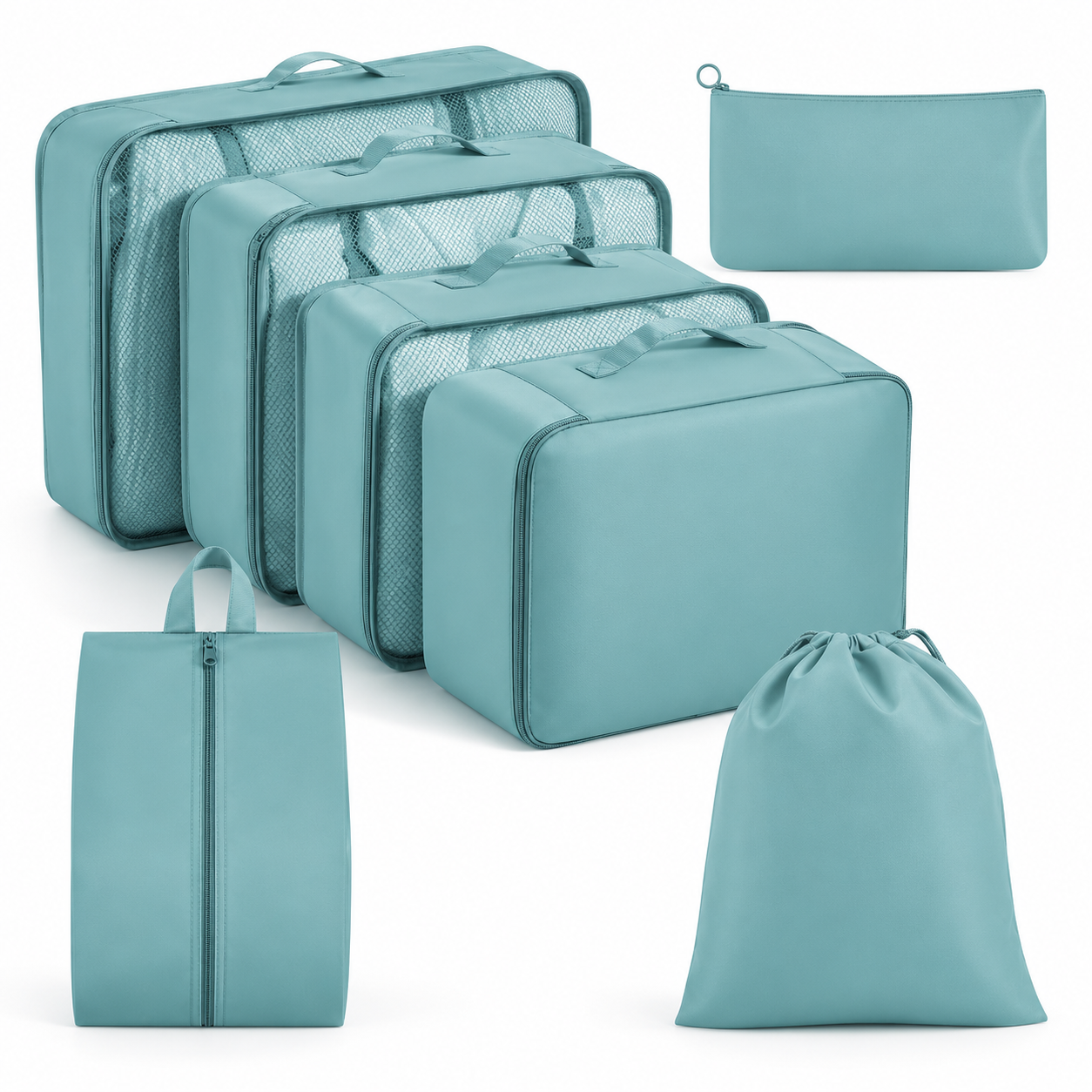 Retouched image of the lake-blue seven-piece travel packing organizer base set