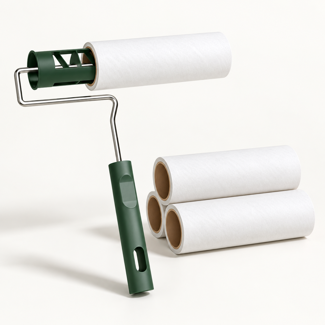 Edited demonstration of replacing an adhesive roll, with spare rolls for illustration