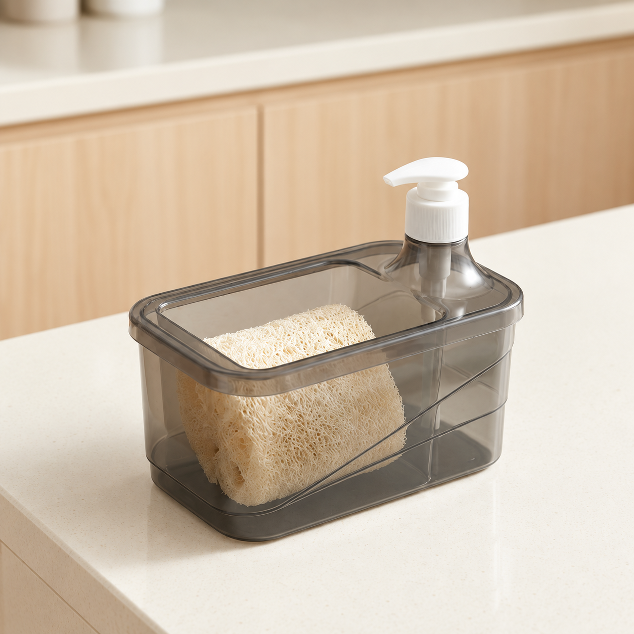 Retouched image of the smoke-gray caddy with a staged sponge on a kitchen counter