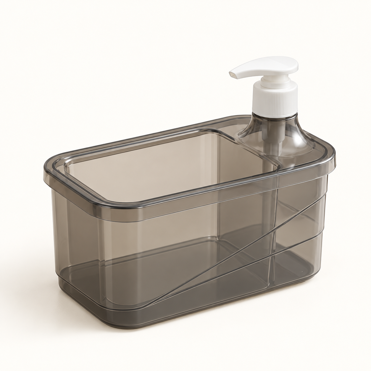 Retouched image of the rectangular smoke-gray soap dispenser and sponge caddy